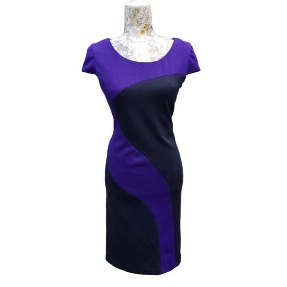 Liz Claiborne Purple Black Color Block Cap Sleeve Business Casual Sheath Dress - Picture 11 of 11